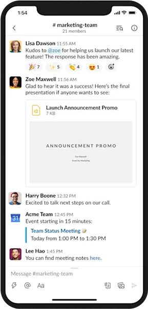 Cellphone image showing Slack conversation on screen.
